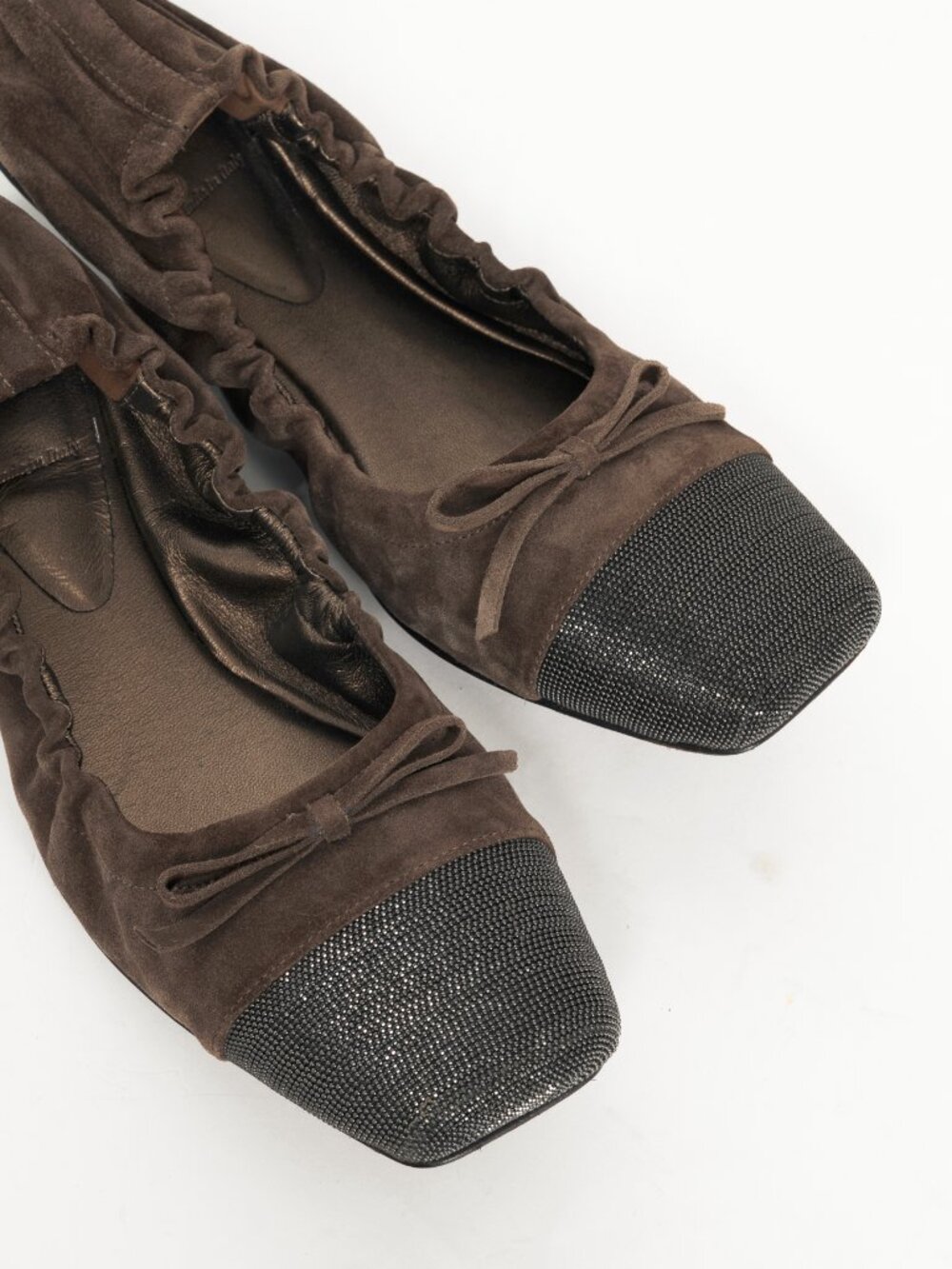 Brunello Cucinelli Brown Suede Monili-Cap-Toe Bow Flats - Picture 6 of 10